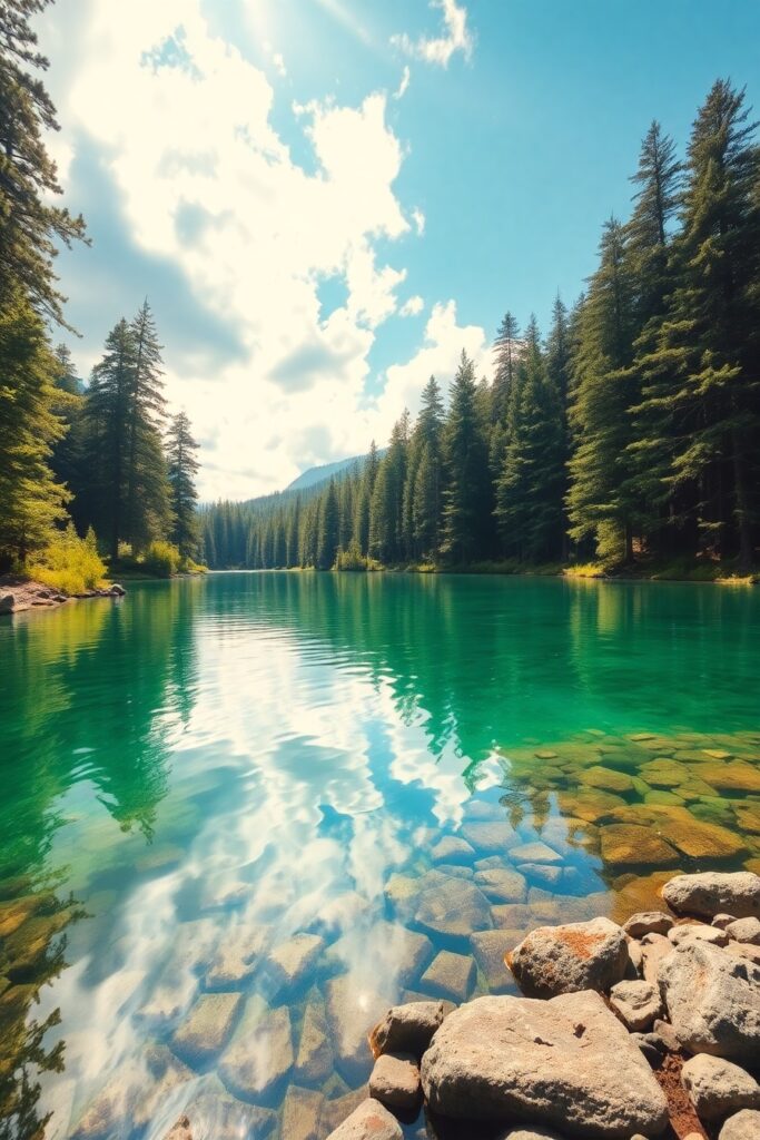 Serene Lake Surrounded by Majestic Pines – free AI stock image