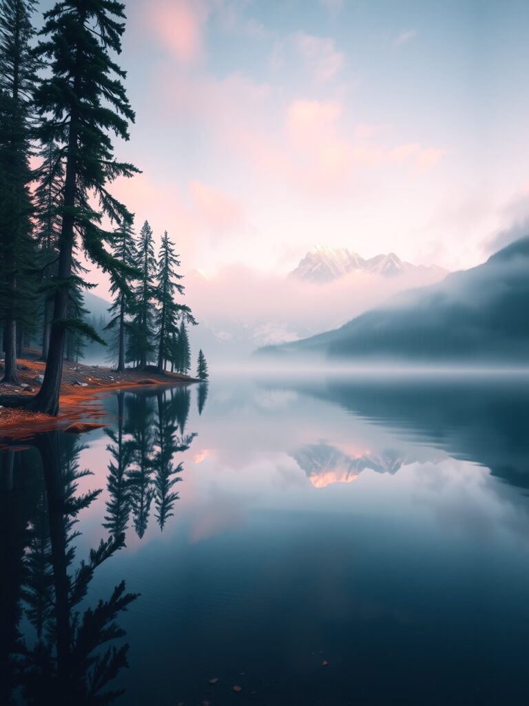 Serene Lake Surrounded by Misty Mountains – free AI stock image