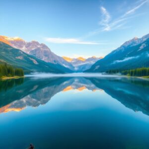 Serene Lake Surrounded by Reflective Mountains – free AI stock image