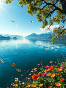 Serene Lake Surrounded by Verdant Forests – free AI stock image