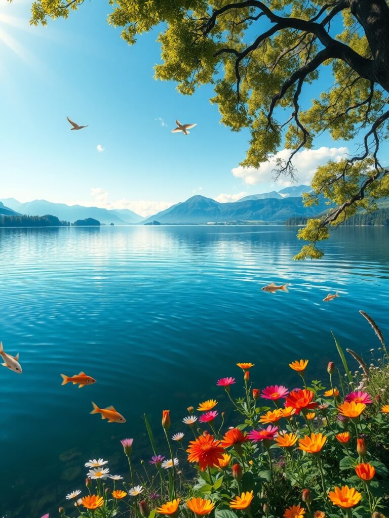 Serene Lake Surrounded by Verdant Forests – free AI stock image