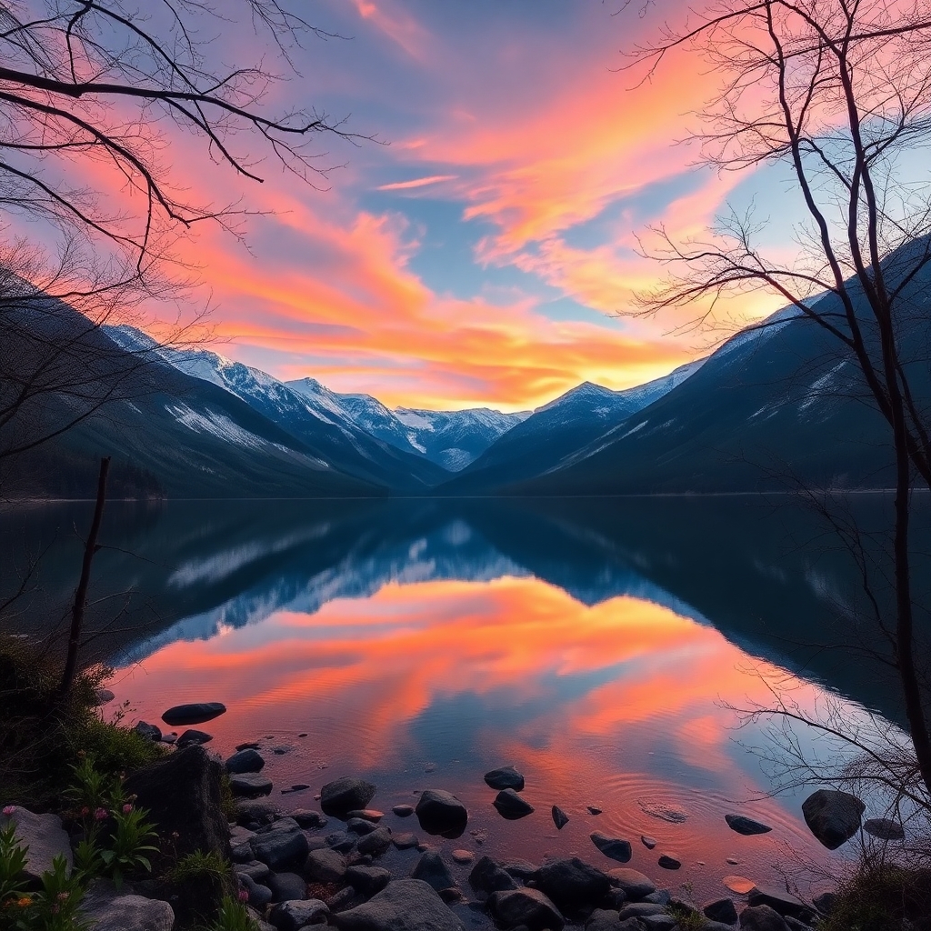 Serene Lake Under a Reflective Sky – free AI stock image