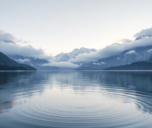 Serene Lake with Misty Reflections – free AI stock image