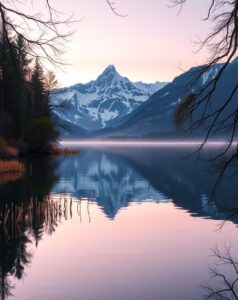 Serene Lake with Mountains Reflecting at Dawn – free AI stock image