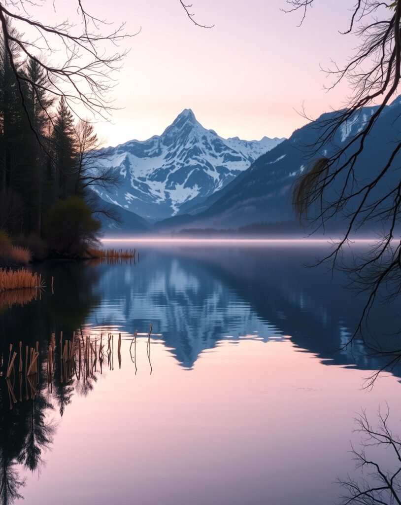 Serene Lake with Mountains Reflecting at Dawn – free AI stock image