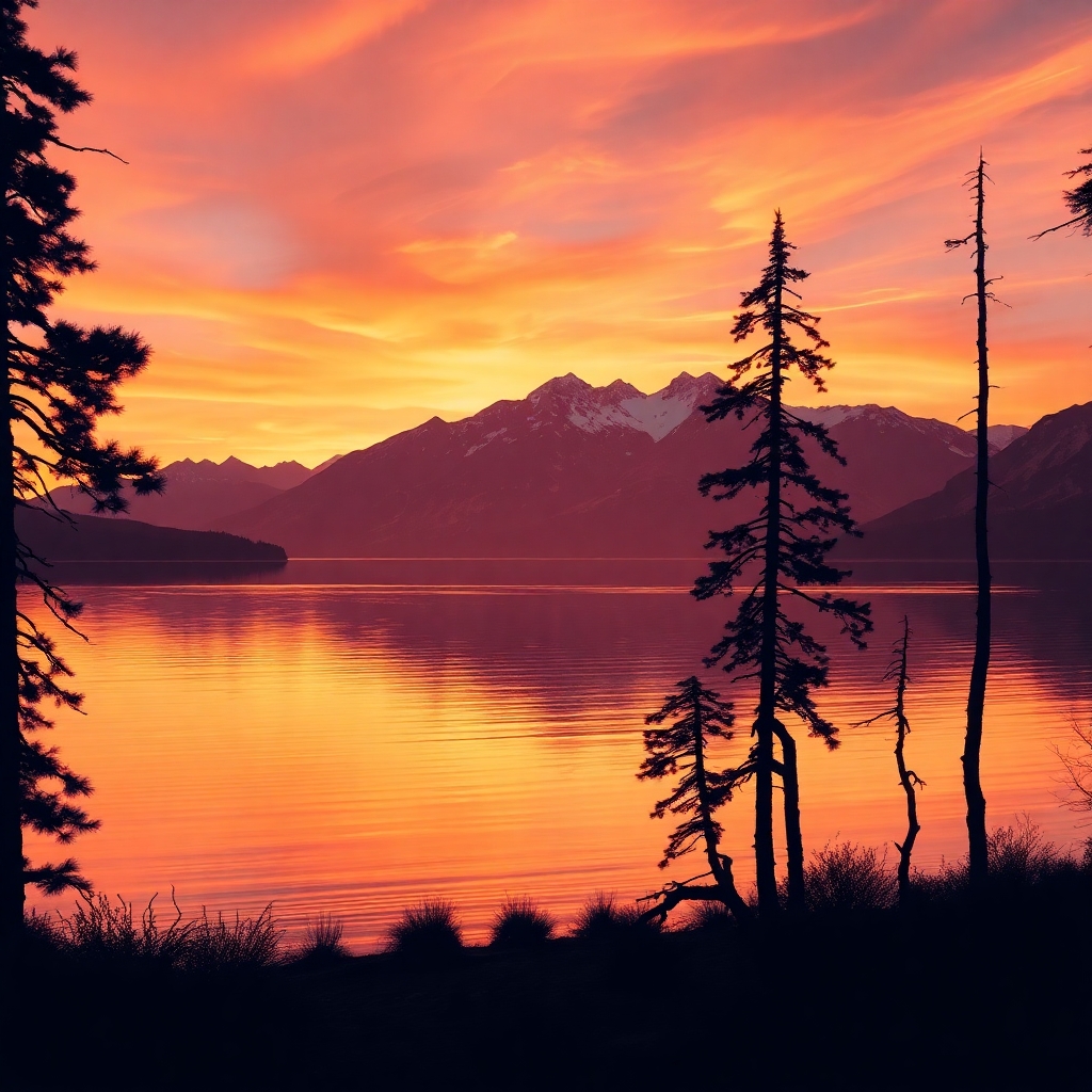 Serene Lake with Mountains Reflecting at Sunset – free AI stock image