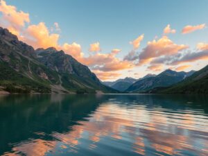 Serene Lake with Mountains Reflecting at Sunset – free AI stock image