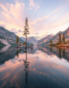 Serene Lake with Reflective Mountain View – free AI stock image