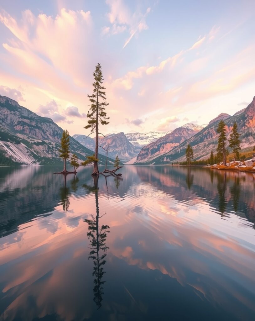 Serene Lake with Reflective Mountain View – free AI stock image