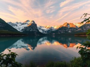 Serene Lake with Reflective Mountains – free AI stock image