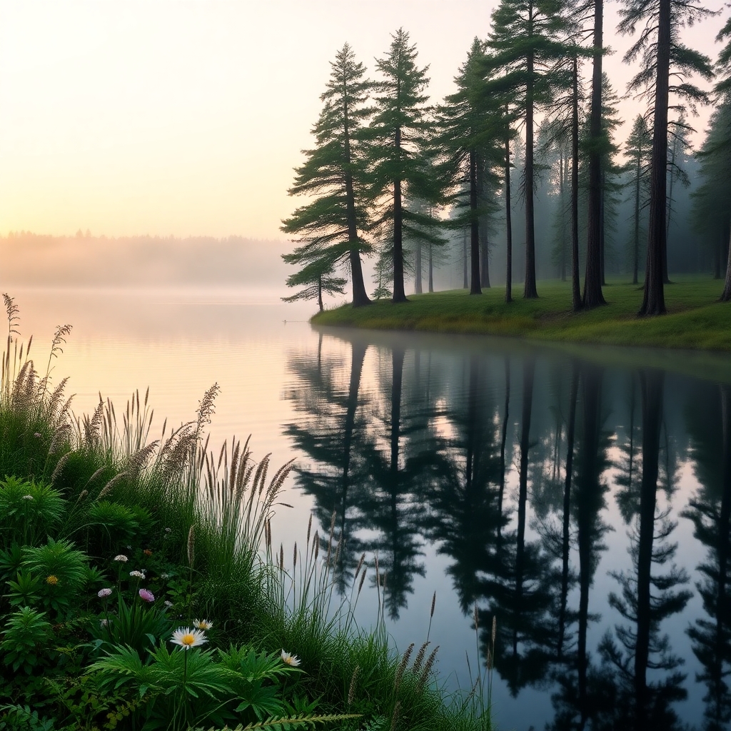 Serene Lakeside at Dawn with Mist – free AI stock image