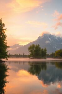 Serene Lakeside at Sunrise – free AI stock image