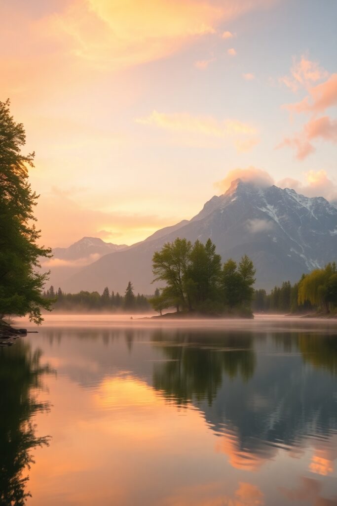 Serene Lakeside at Sunrise – free AI stock image