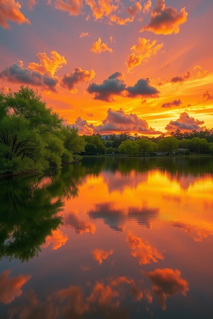 Serene Lakeside Background at Sunset – free AI stock image