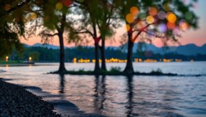 Serene Lakeside Bokeh Reflections – free AI stock image