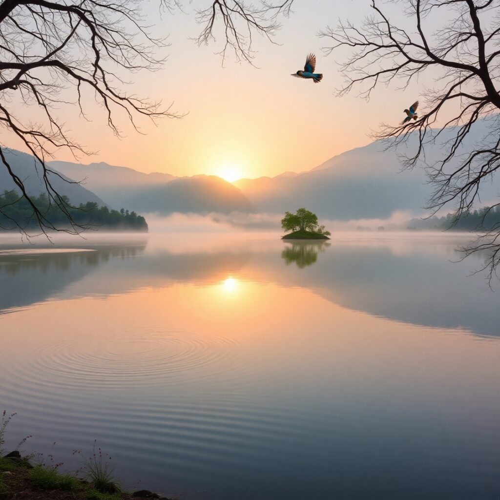 Serene Lakeside Dawn with Misty Reflections – free AI stock image