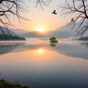 Serene Lakeside Dawn with Misty Reflections – free AI stock image
