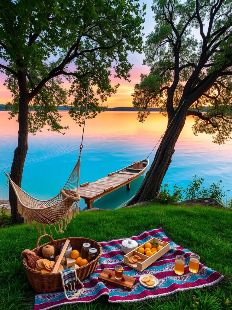 Serene Lakeside Lifestyle in Nature’s Embrace – free AI stock image