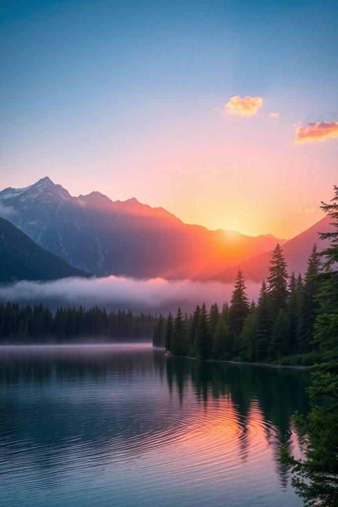Serene Lakeside Sunrise Over Misty Mountains – free AI stock image