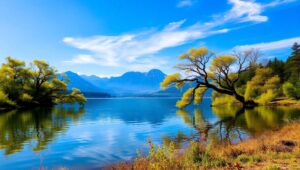Serene Lakeside View in Flat Style – free AI stock image