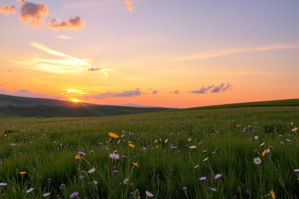 Serene Meadow at Dusk with Rolling Hills – free AI stock image