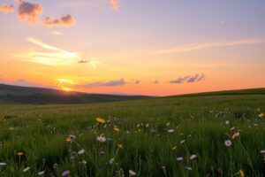 Serene Meadow at Dusk with Rolling Hills – free AI stock image