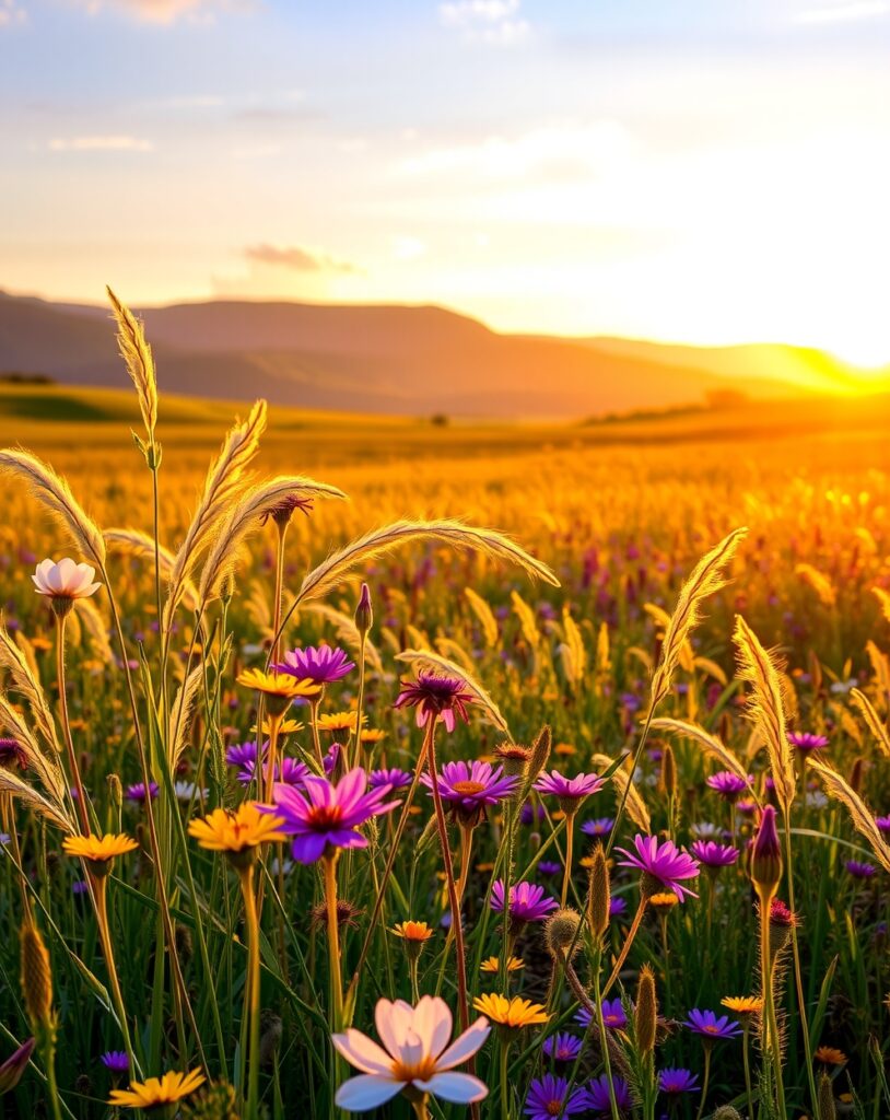 Serene Meadow at Sunrise with Wildflowers – free AI stock image