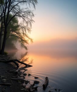 Serene Misty Lake at Sunrise – free AI stock image