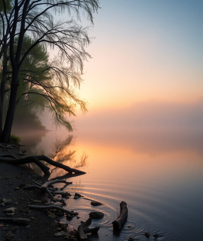 Serene Misty Lake at Sunrise – free AI stock image