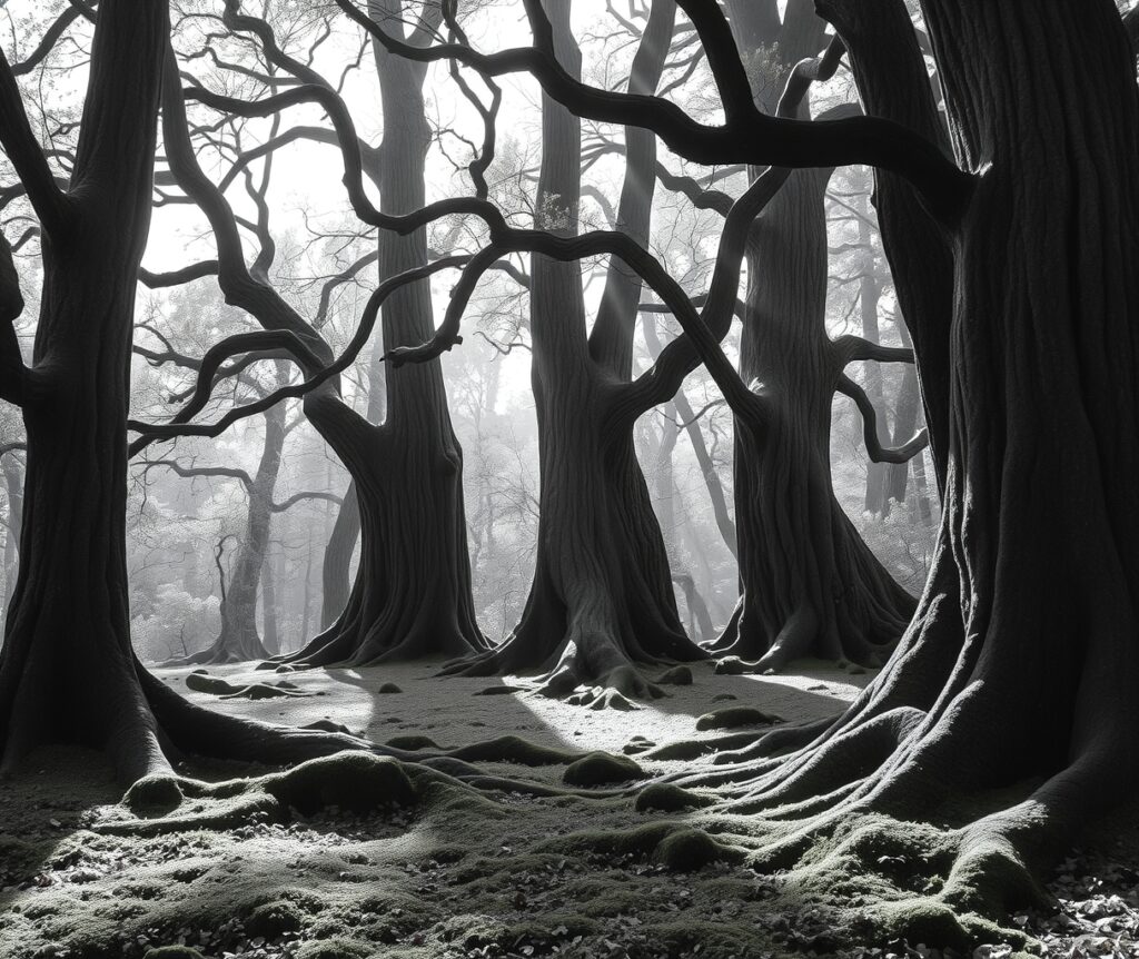Serene Monochrome Forest Landscape – free AI stock image