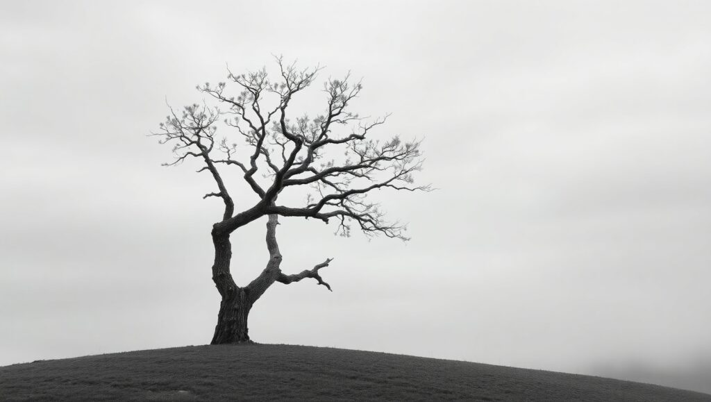 Serene Monochrome Landscape with Tree – free AI stock image