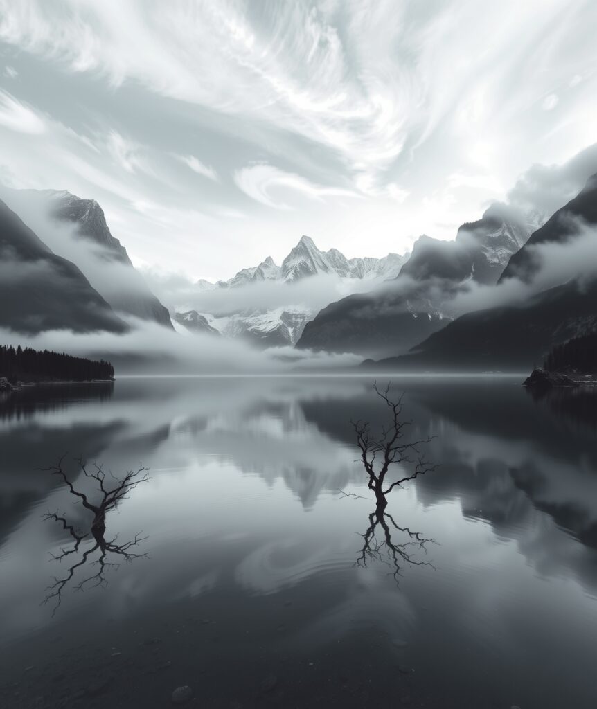 Serene Monochrome Mountain Landscape – free AI stock image