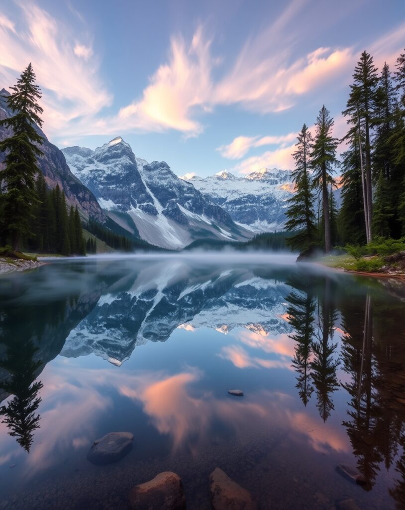 Serene Morning at Crystal Lake – free AI stock image