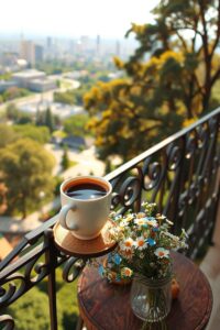 Serene Morning Coffee on a Cozy Balcony – free AI stock image