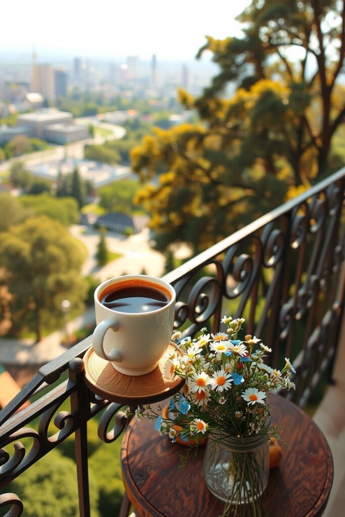 Serene Morning Coffee on a Cozy Balcony – free AI stock image
