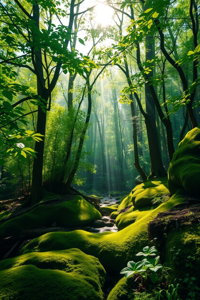 Serene Morning in a Lush Green Forest – free AI stock image