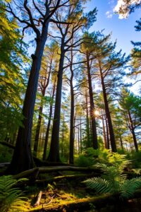 Serene Morning in a Sunlit Forest – free AI stock image