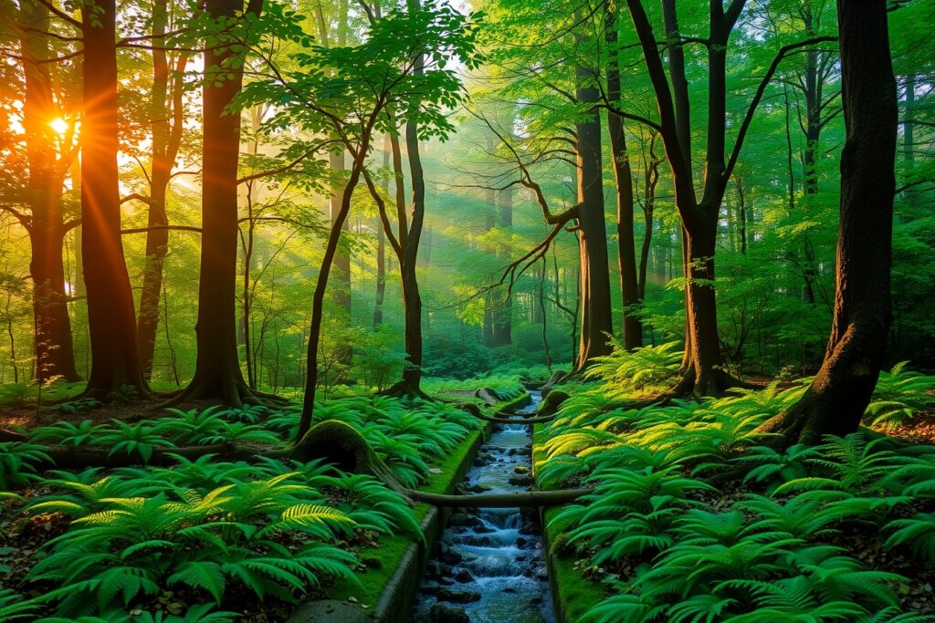 Serene Morning in a Verdant Forest – free AI stock image