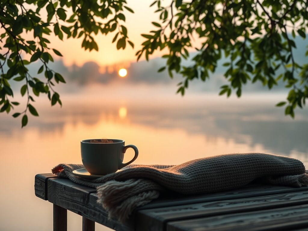Serene Morning Routine by the Lake – free AI stock image