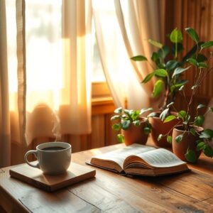 Serene Morning Routine with Coffee and Books – free AI stock image