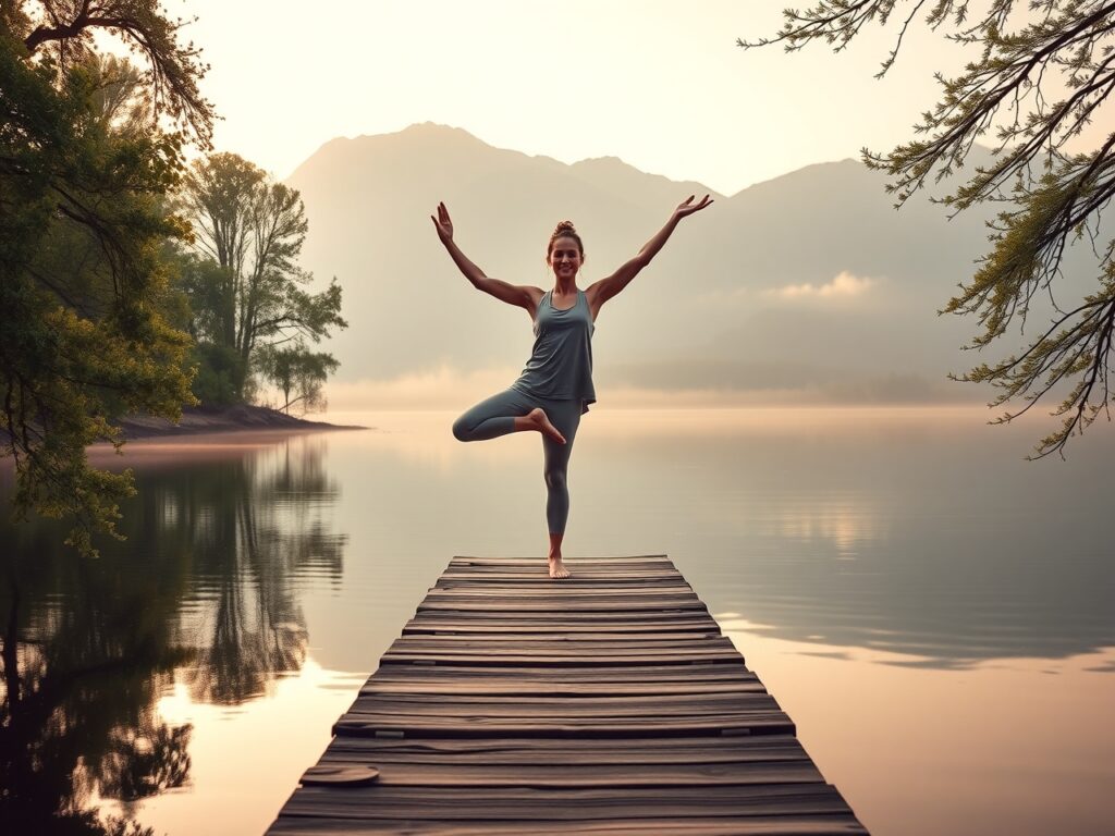 Serene Morning Yoga by the Lake – free AI stock image