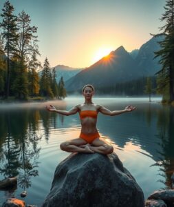 Serene Morning Yoga by the Lakeside – free AI stock image
