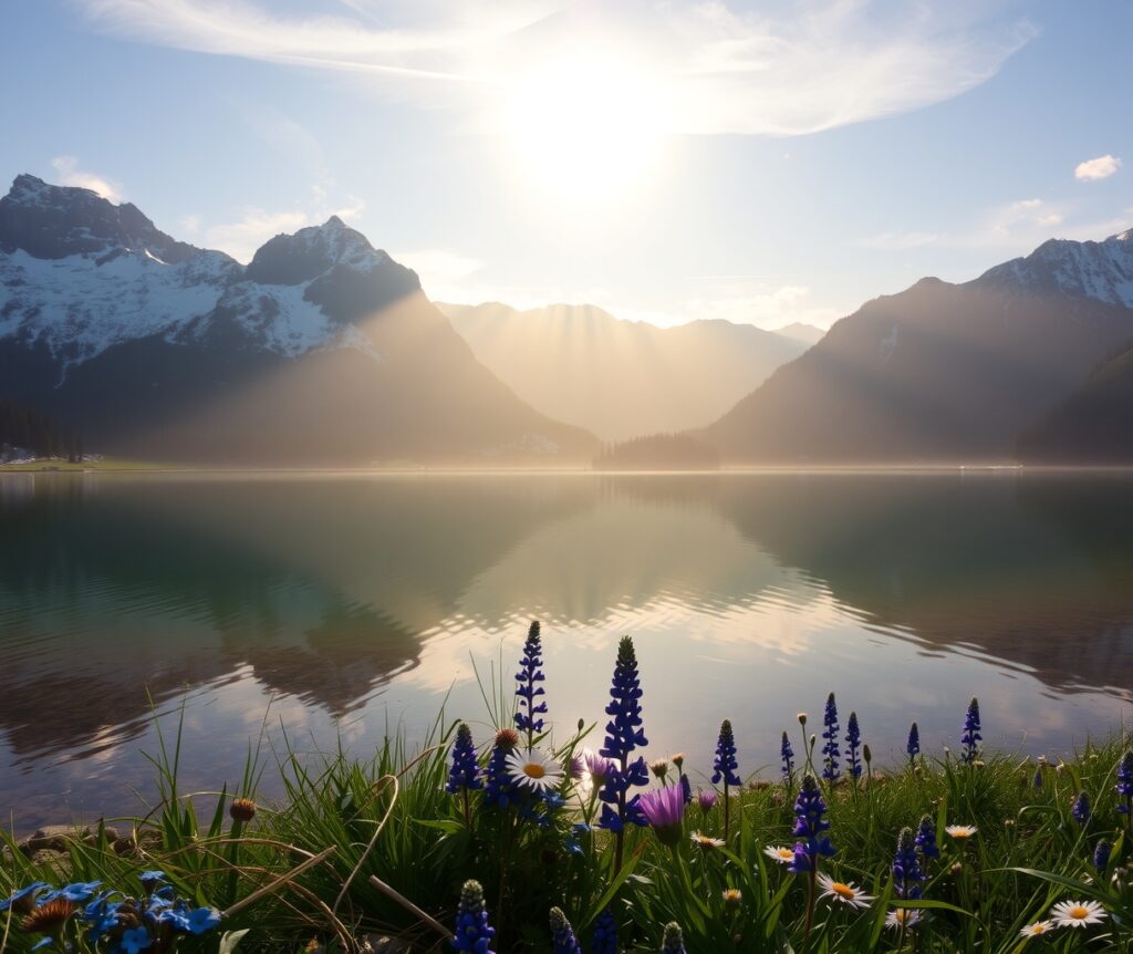 Serene Mountain Lake at Dawn – free AI stock image