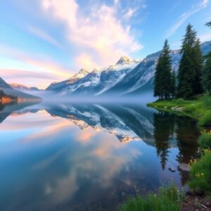 Serene Mountain Lake at Dawn – free AI stock image