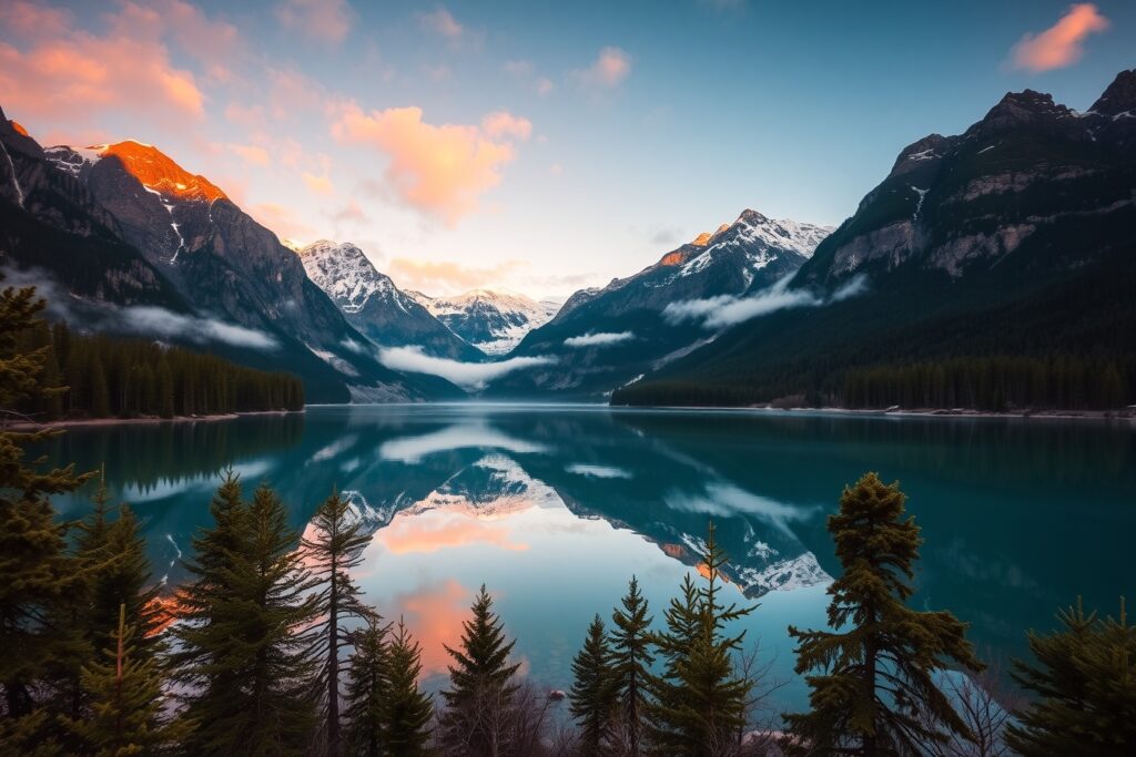 Serene Mountain Lake at Dawn – free AI stock image