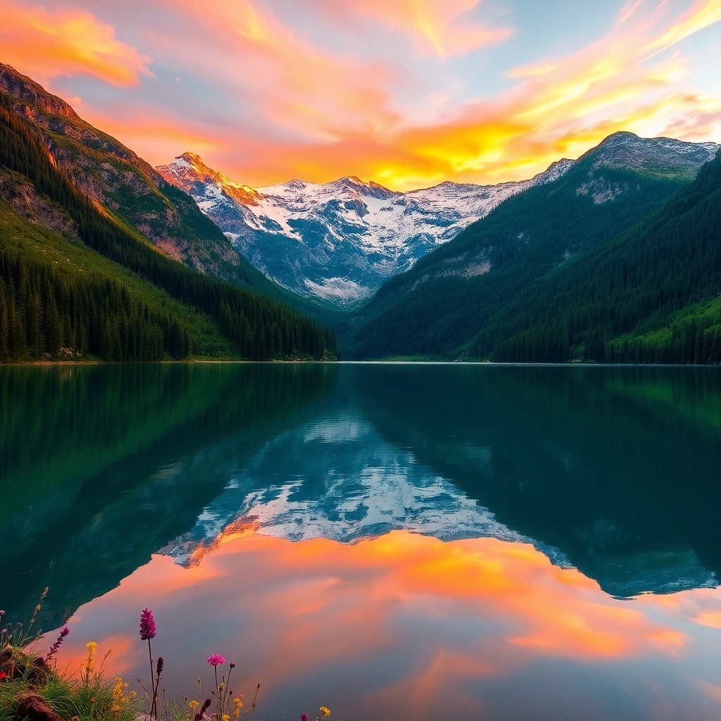 Serene Mountain Lake at Dusk – free AI stock image