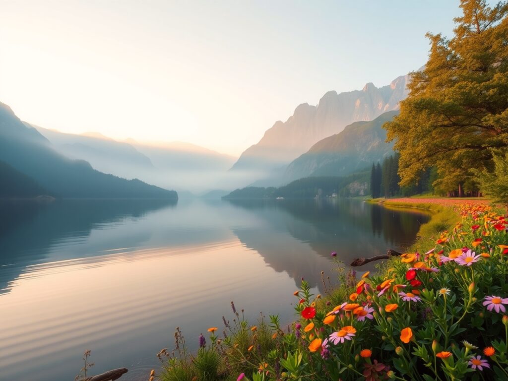 Serene Mountain Lake at Sunrise – free AI stock image
