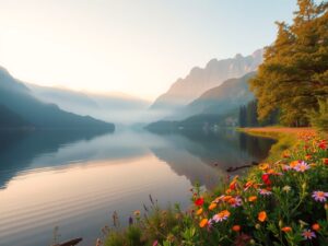 Serene Mountain Lake at Sunrise – free AI stock image