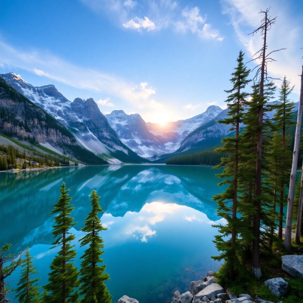 Serene Mountain Lake at Sunrise – free AI stock image