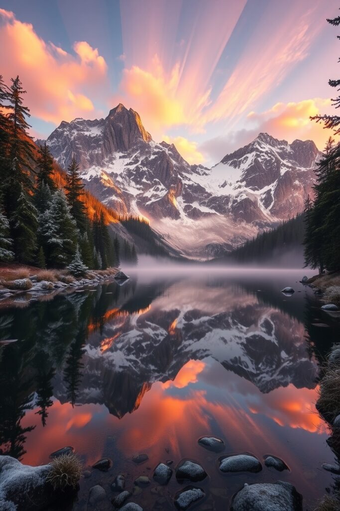Serene Mountain Lake at Sunrise – free AI stock image